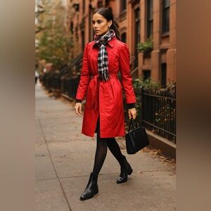 Vintage 1980s Laura Winston Bright Red Trench Coat – Polka Dot Rubberized Nylon,